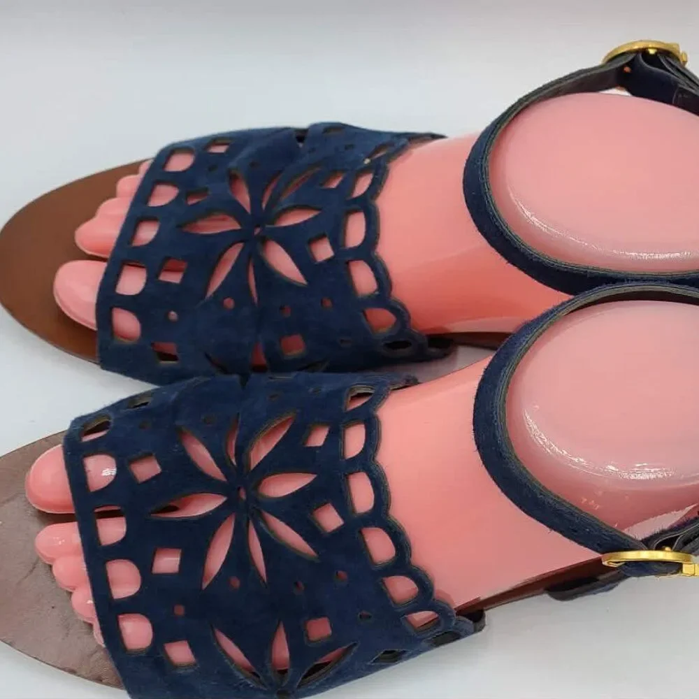 Tory Burch May Flat Lancaster Navy Ankle Strap Sandals size 7M